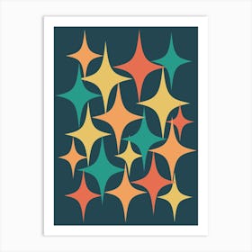 Mid Century Modern Atomic Starburst Charcoal, Yellow, Orange, Teal Art Print