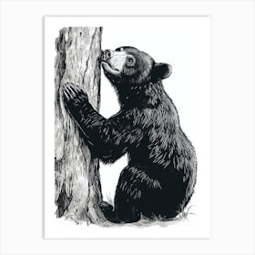 Malayan Sun Bear Scratching Its Back Against A Tree Ink Illustration 1 Art Print