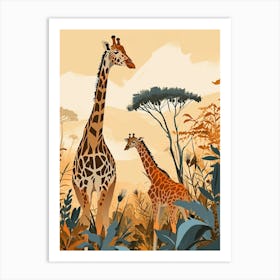 Modern Illustration Of Two Giraffes In The Sunset 4 Art Print