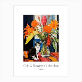 Cats & Flowers Collection Tulip Flower Vase And A Cat, A Painting In The Style Of Matisse 2 Art Print