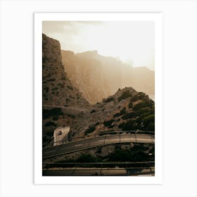 Formentor Mallorca - Car in sunset over the mountain roads of this beautiful mountain area Art Print