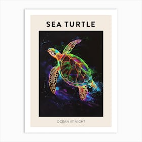 Midnight Neon Sea Turtle In The Ocean 1 Art Print