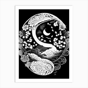 Black And White Abstacr Yin and Yang Linocut Art Print