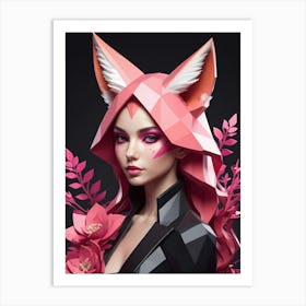 Low Poly Fox Girl,Black And Pink Flowers (2) Art Print