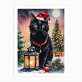 Christmas Black Cat - Watercolor Winter Scene of Beautiful Black Cat Wearing a Santa Hat By A Lantern and Holly and Xmas Trees on a Full Moon in the Snow - Yule Decor Pagan Prints Witchy Wall Art Greetings From The Black Cat Travels Art Print