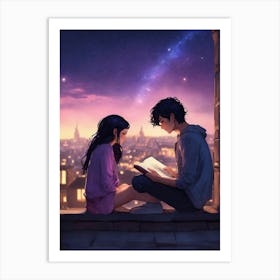 Couple Reading At Night Art Print