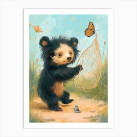 Sloth Bear Cub Playing With A Butterfly Net Storybook Illustration 2 Art Print