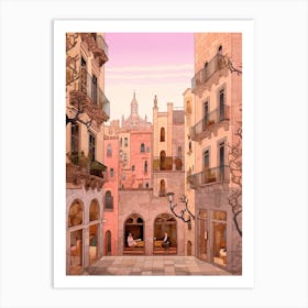 Barcelona Spain 3 Vintage Pink Travel Illustration Art Print