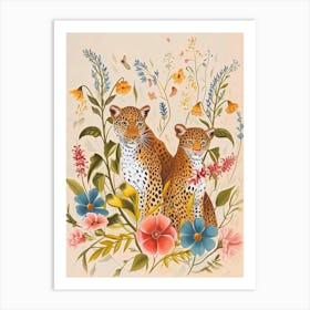 Folksy Floral Animal Drawing Cheetah 4 Art Print