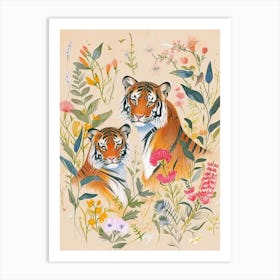 Folksy Floral Animal Drawing Tiger 4 Art Print