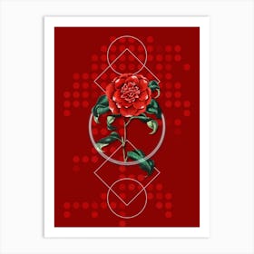 Vintage Mr. Reeves's Crimson Camellia Botanical with Geometric Line Motif and Dot Pattern n.0130 Art Print