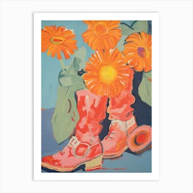 Painting Of Orange Flowers And Cowboy Boots, Oil Style 2 Art Print