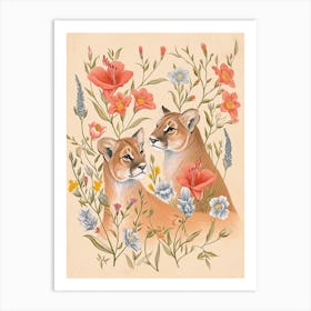 Folksy Floral Animal Drawing Mountain Lion 4 Art Print