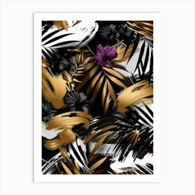 Seamless Pattern With Gold And Black Leaves Art Print