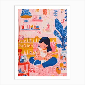 Girl Knitting Lo Fi Kawaii Illustration 3 Art Print