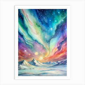 A Poster Of A Colorful Aurora Dancing Over A Snowy (1) Art Print