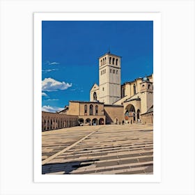 Basilica of Saint Francis Assisi. An artistic view of the Basilica of Saint Francis in Assisi, highlighting its majestic bell tower, intricate arches, and expansive piazza under a clear blue sky. A masterpiece of Gothic and Romanesque architecture, this sacred landmark stands as a symbol of peace and spirituality. Art Print