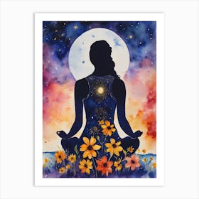 Meditative Woman In Yoga Pose - Full Moon Contemplating Serenity Calm Yogi Meditating Spiritual Grounding Heart Open Buddhist Indian Travel Guidance Wisdom Peace Love Witchy Beautiful Watercolor Woman Trees Blue Silhouette Art Print