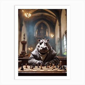 Hippo playing chess in a church Art Print