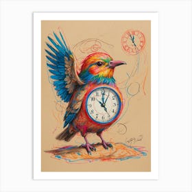 Bird With A Clock 1 Art Print