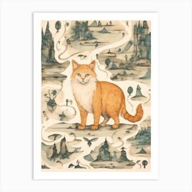 Spooky Medieval Background With Orange & White Cat Art Print