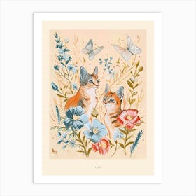 Folksy Floral Animal Drawing Cat 3 Poster Art Print