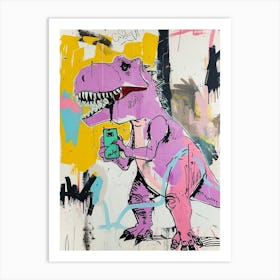 Dinosaur On The Phone Purple Graffiti Style 1 Art Print