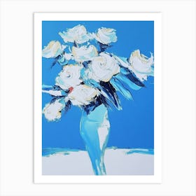 White Roses In A Blue Vase Art Print