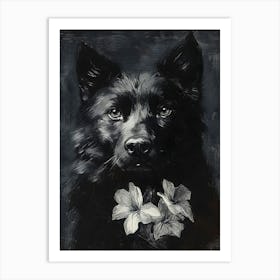 Black Dog With Flowers 1 Art Print