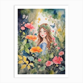 Watercolor Of A Girl With Flowers Art Print