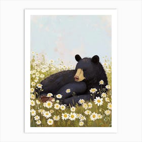 American Black Bear Resting In A Field Of Daisies Storybook Illustration 1 Art Print