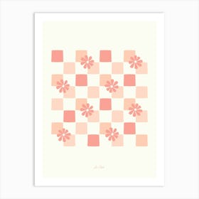 Peach Pink Daisy Checkerboard Art Print