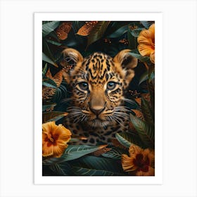 A Happy Front faced Leopard Cub In Tropical Flowers 6 Art Print