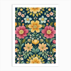 Painted Spring and Summer Flowers Boho Pattern - Navy Background Pink Yellow Blue Pastels Bohemian Wallpaper Art Like Amy Butler and William Morris Fabric Print For Lunar Pagan Gallery Feature Wall Floral Botanical Luna Lover HD Art Print