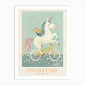 Pastel Storybook Style Unicorn On A Bike 1 Poster Art Print