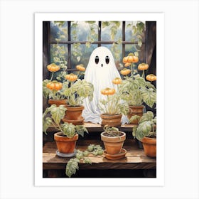 Cute Bedsheet Ghost, Botanical Halloween Watercolour 104 Art Print