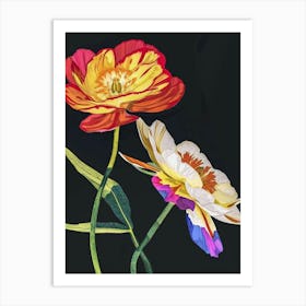 Neon Flowers On Black Ranunculus 3 Art Print