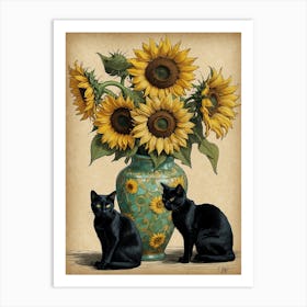 Black Cats With Sunflowers Art Print