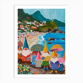 Kitsch Folk Painting Of Gnomes On The Beach 1 Art Print
