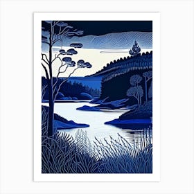 Blue Lake Landscapes Waterscape Linocut 1 Art Print