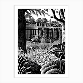 Kew Gardens Hillsborough Castle, United Kingdom Linocut Black And White Vintage Art Print