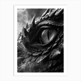 Black Dragon Eye Captured In Monochrome Commanding Attention At The Center Of A Smoldering Scale Art Print