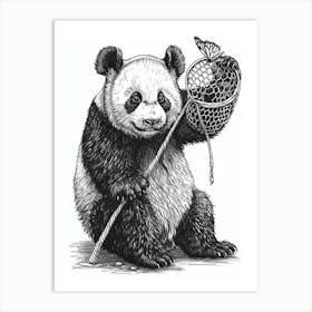 Giant Panda Cub Playing With A Butterfly Net Ink Illustration 4 Art Print
