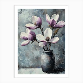 Oil Painting Still Life With Purple Magnolia Flowers Texture In The Grayscale Art Print