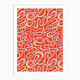 MY STRIPES ARE TANGLED Curvy Organic Abstract Squiggle Shapes in Retro Salmon Pink Cream Sapphire Blue on Coral Red Art Print