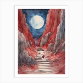 Stairs rising from red rocks lead to the blue moon Art Print