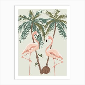 Lesser Flamingo And Coconut Trees Minimalist Illustration 2 Art Print