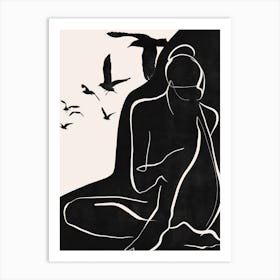 Woman Silhouette With Birds Art Print