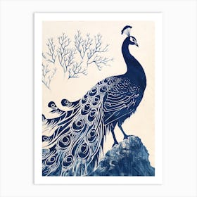 Peacock On A Rock Linocut Inspired 3 Art Print