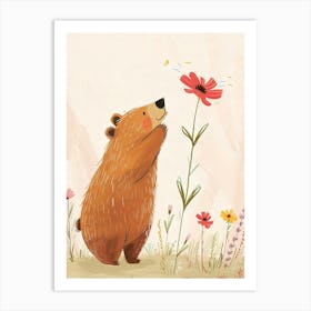 Sloth Bear Sniffing A Flower Storybook Illustration 2 Art Print